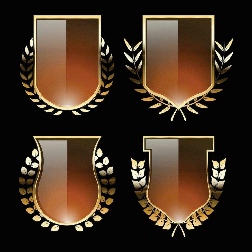 Luxury golden orange shield badges and labels. Retro vintage heraldic shield badge design vector