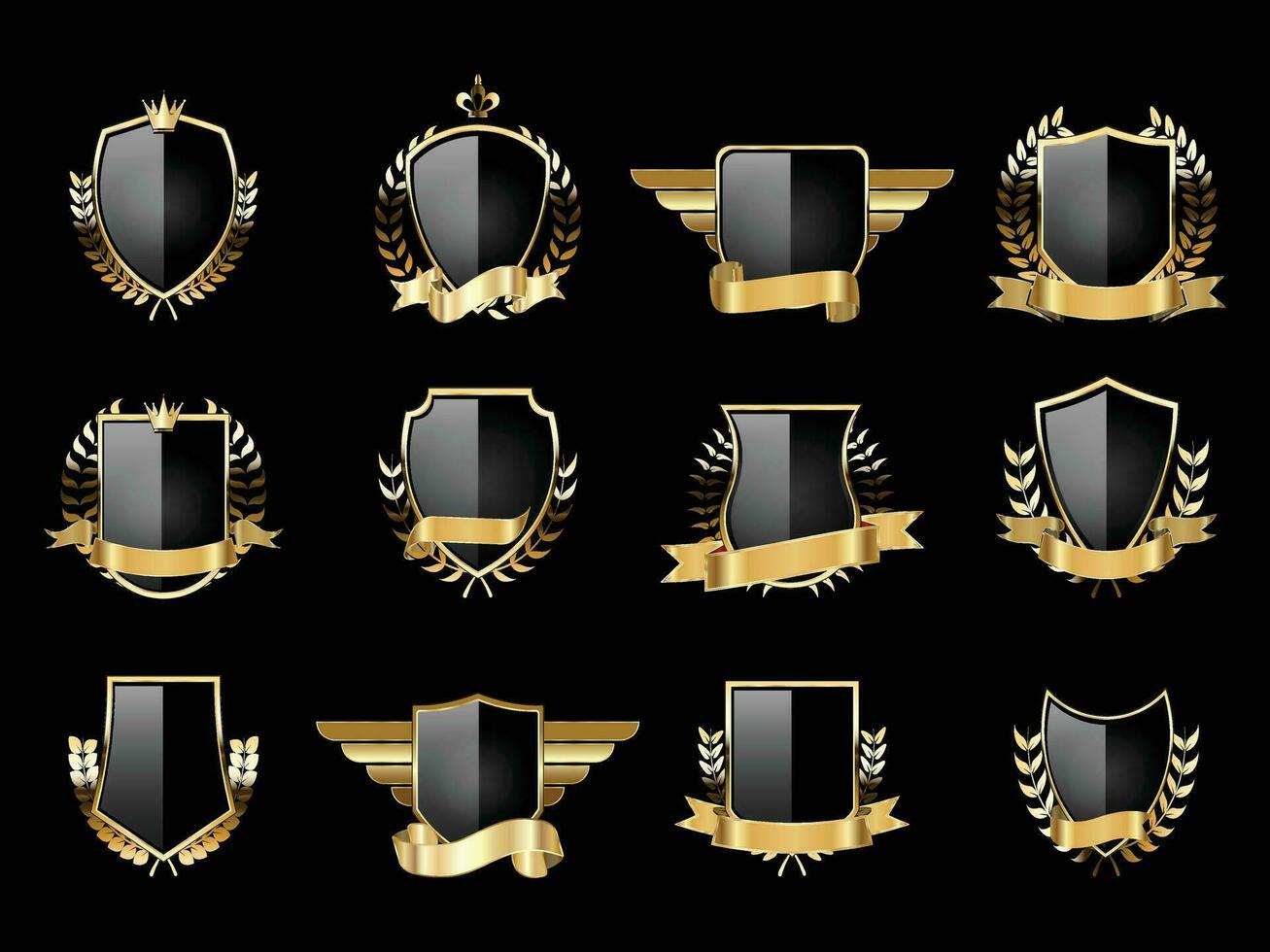 lujo dorado negro proteger insignias y etiquetas. retro Clásico heráldico proteger Insignia diseño vector