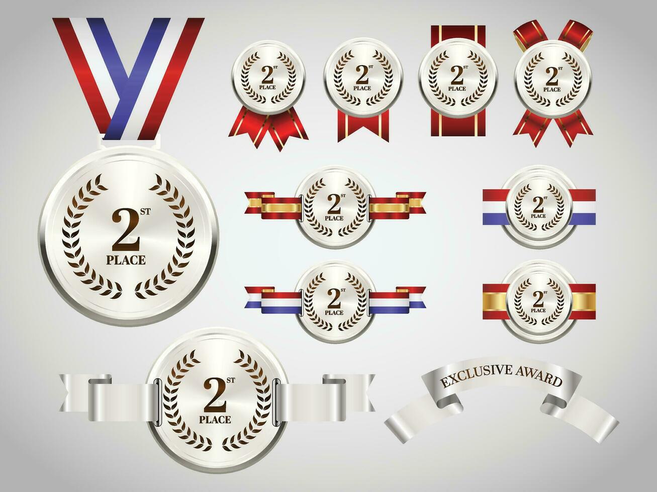 2nd silver medals on ribbons realistic illustrations set vector