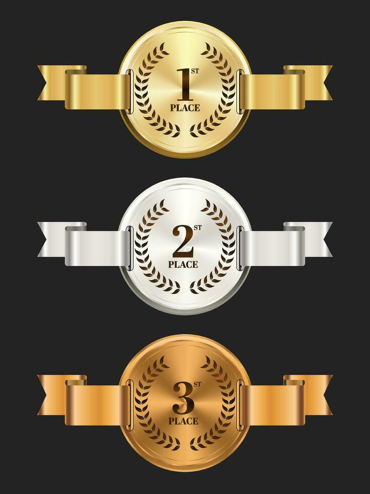 Gold, silver and bronze medals on ribbons realistic illustrations set vector
