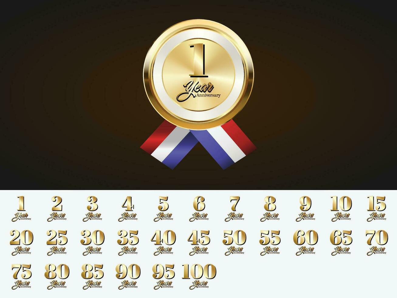 Set of Vintage Anniversary Badges Celebration. Anniversary golden luxury number vector