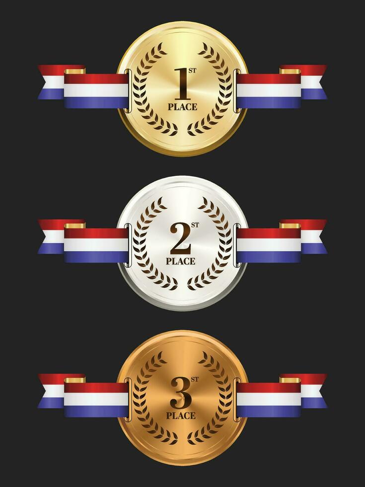 Gold, silver and bronze medals on ribbons realistic illustrations set vector