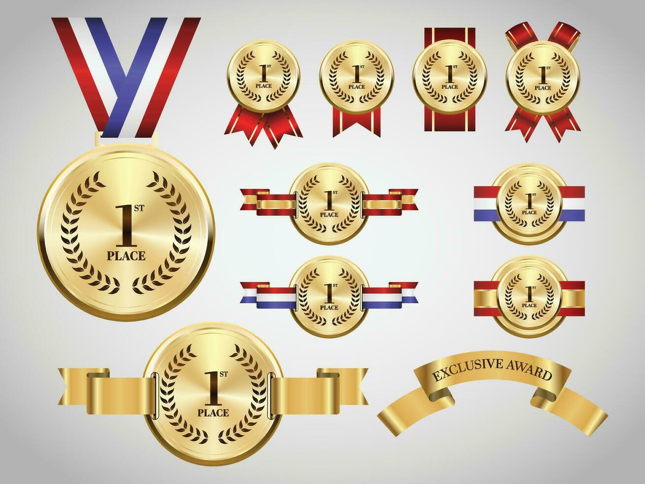 1st gold medals on ribbons realistic illustrations set vector