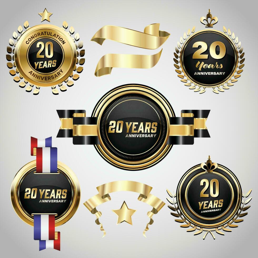20 años aniversario logo con dorado cinta. conjunto de Clásico aniversario insignias celebracion vector