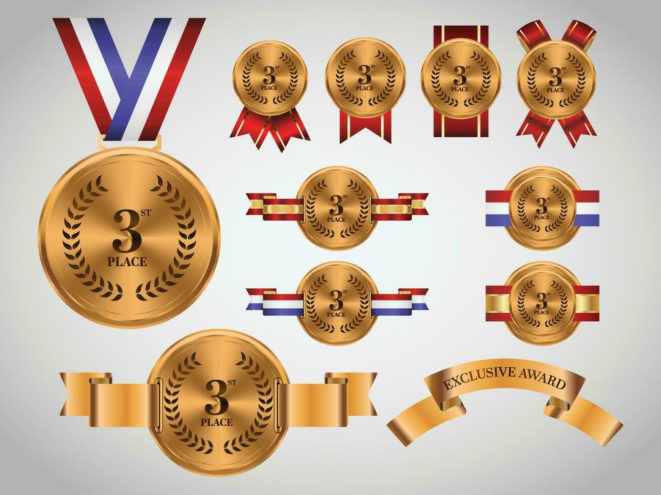 3rd bronze medals on ribbons realistic illustrations set vector