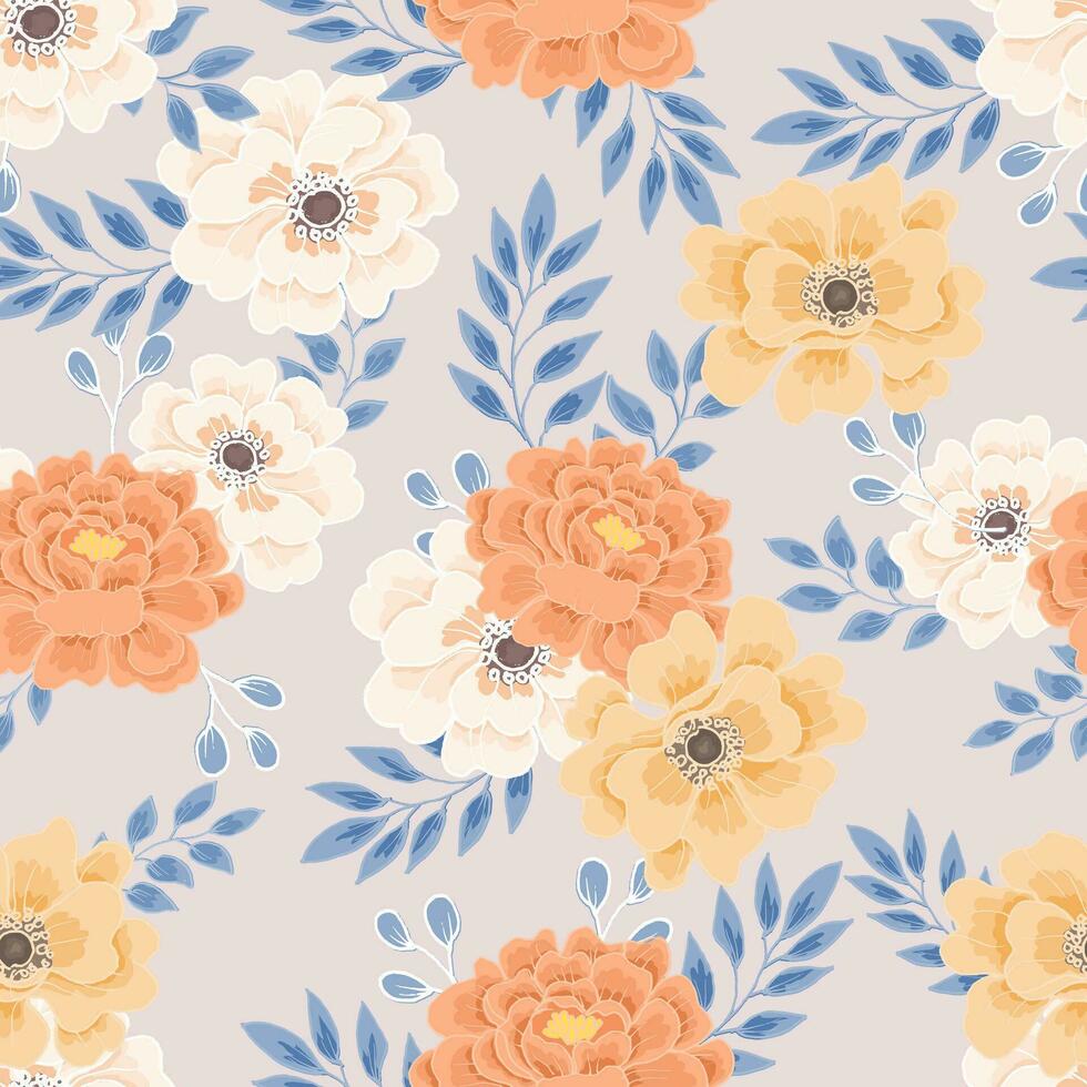 Vintage Dusty Rose and Anemone Hand Drawn Flower Seamless Pattern vector