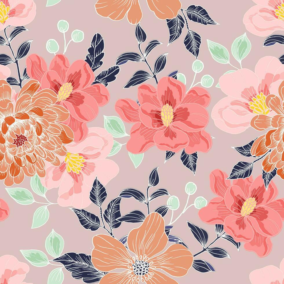 Hand Drawn Dahlia and Magnolia Vintage Flower Seamless Flower vector