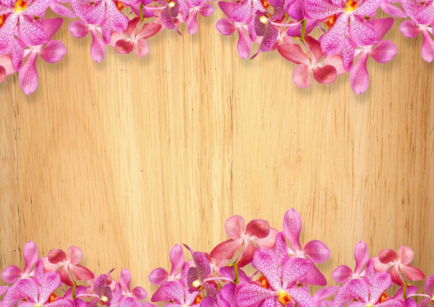 Old wooden background with pink Orchid flowers frame photo
