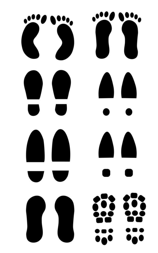 conjunto de diferente negro pie impresión. Zapatos y pies silueta imprimir recopilación. vector plano ilustración aislado en blanco antecedentes.