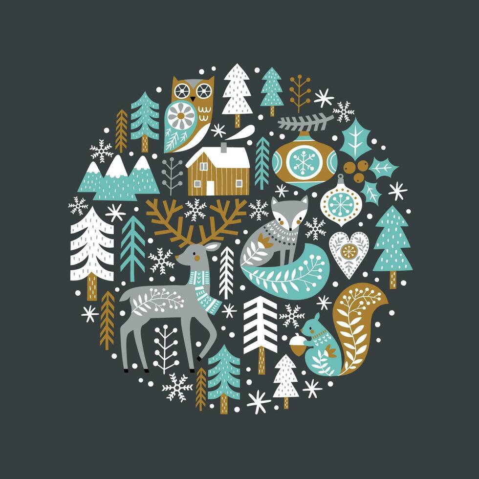Cute woodland animals and trees on dark grey background. Scandinavian woodland illustration vector