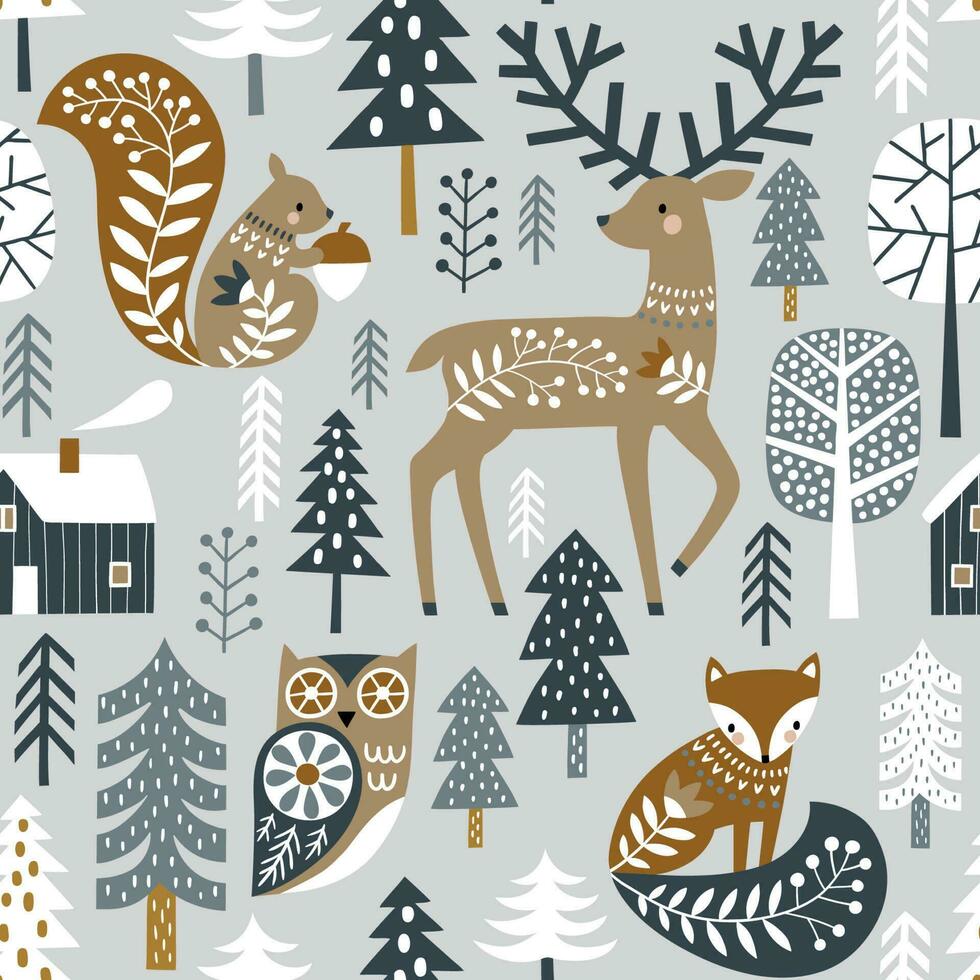 Seamless pattern with cute woodland animals and woods. Scandinavian woodland illustration vector