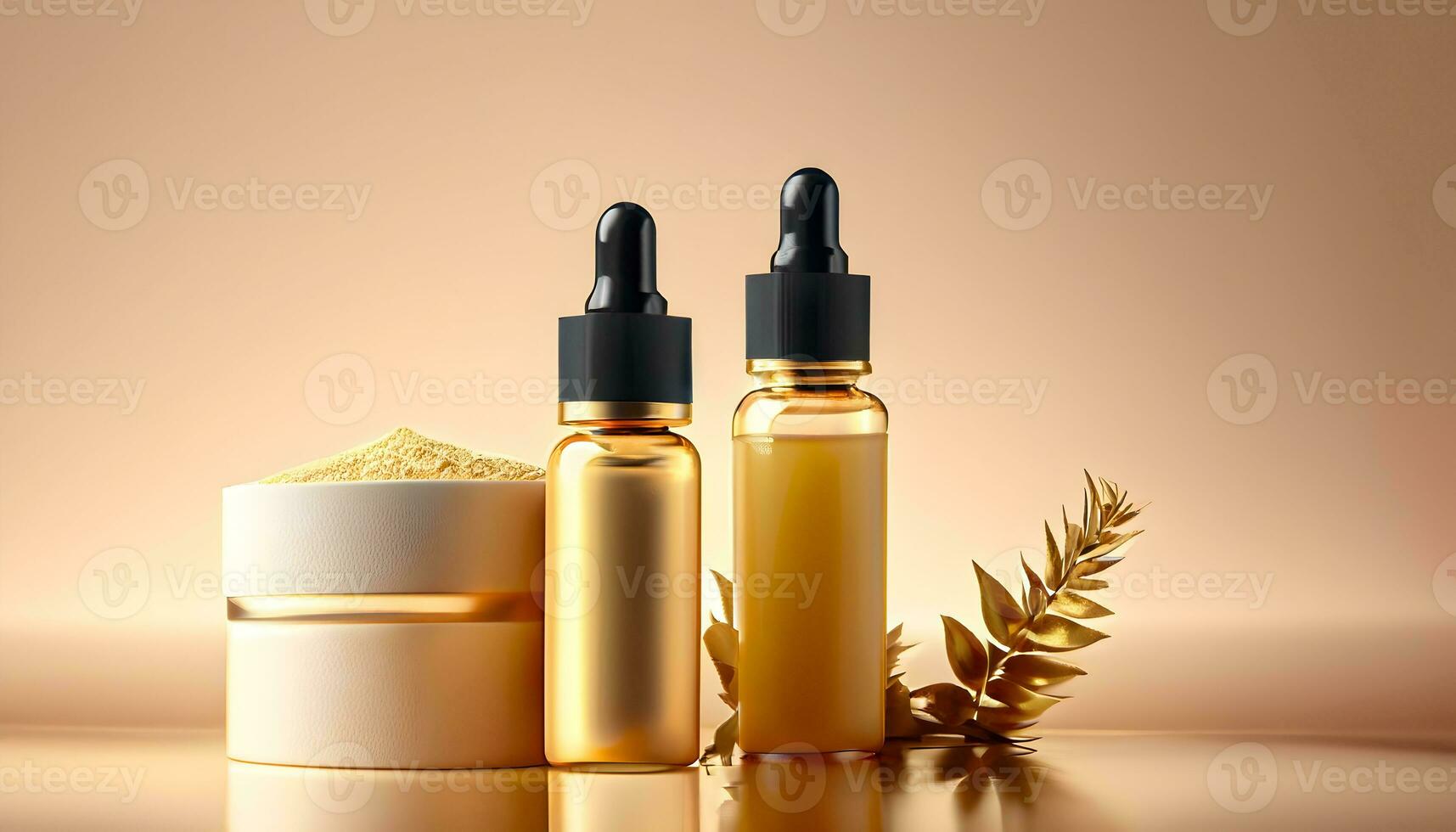 AI generated cosmetic bottle with golden serum on marble background. photo