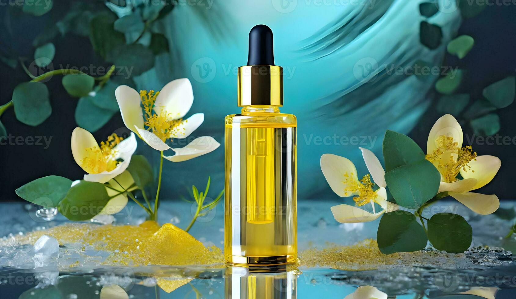 AI generated cosmetic bottle with golden serum on marble background. photo