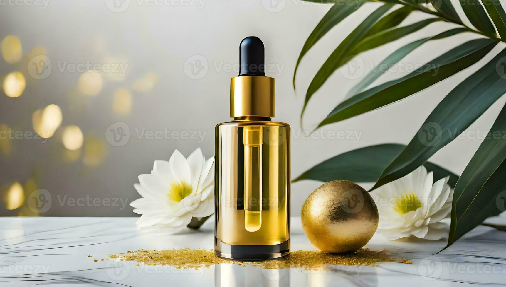 AI generated cosmetic bottle with golden serum on marble background. photo