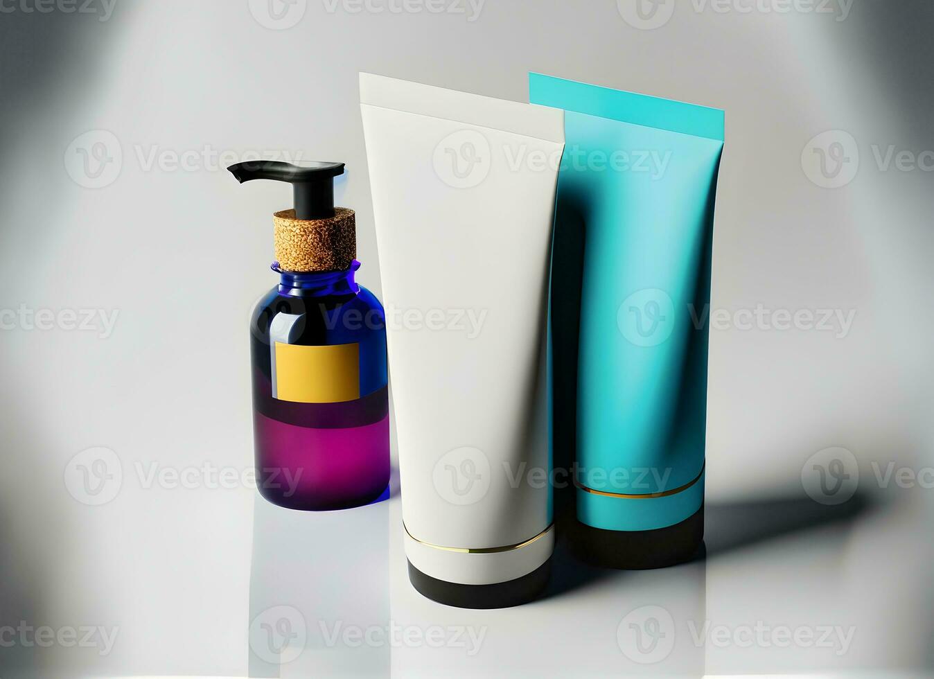 AI generated cosmetic bottles and tube on white background photo