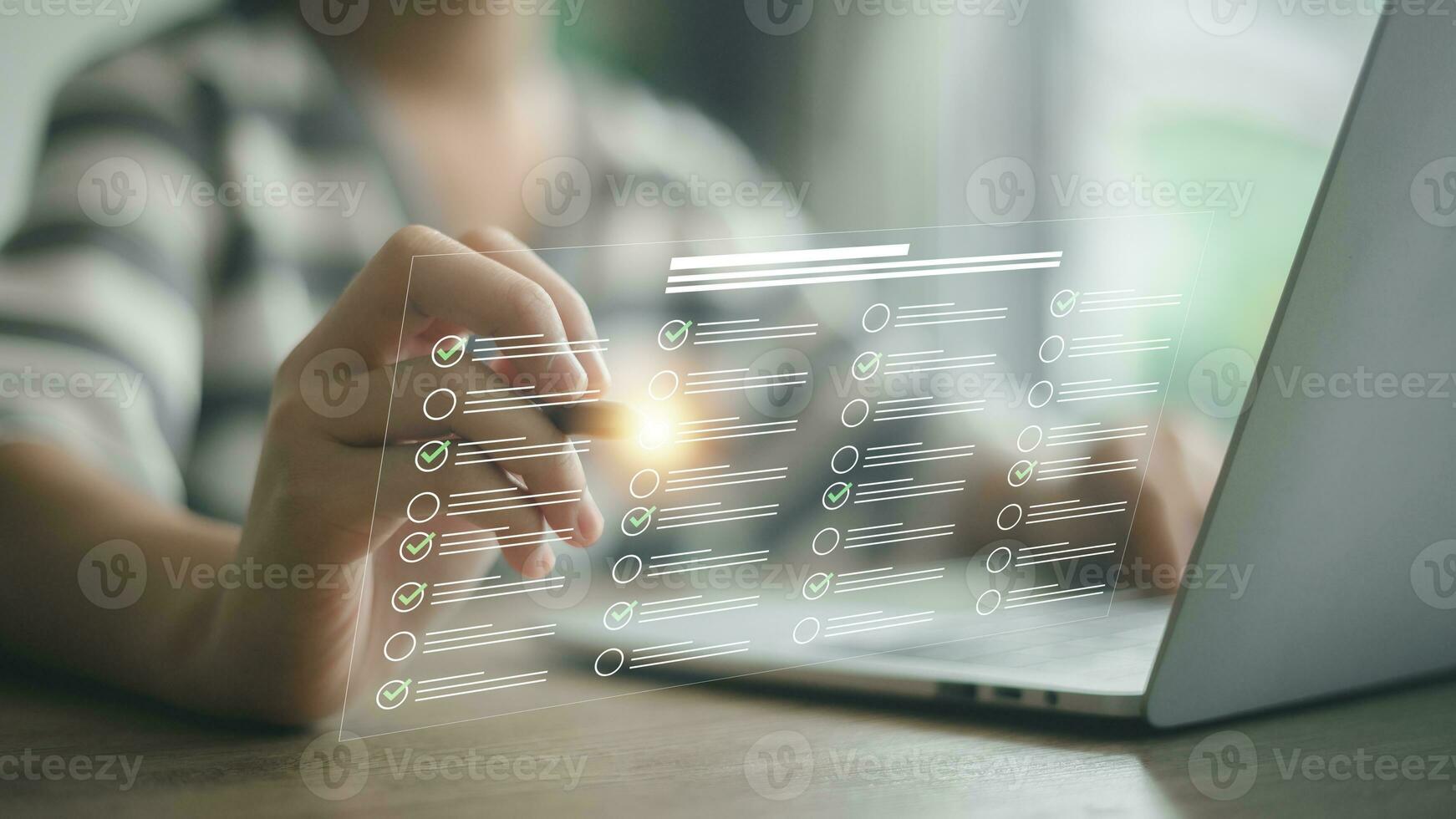 Businesswomen tick mark an assessment, questionnaire, evaluation, online survey online exam choose the right answer in the exam, filling out an online survey form. Answer the test questions concept. photo