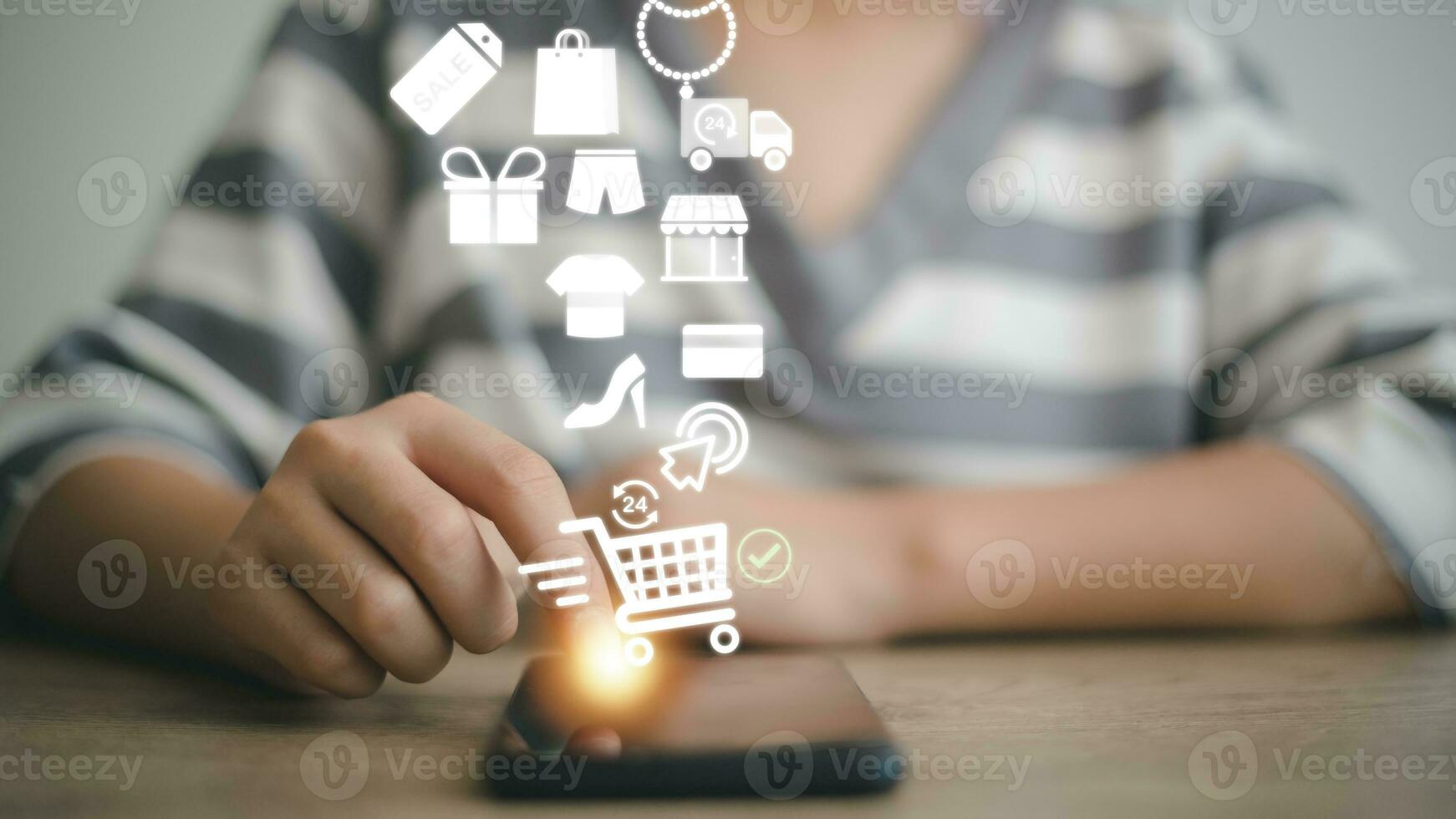 Women with mobile smartphones in hand pay online and shop on virtual interface global networks, online banking, and digital marketing of e-commerce. photo