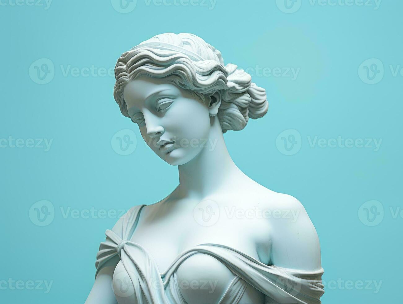 Ancient Greek Sculpture of a Woman with blue pastel background. ai generated. Antique female goddess Statue in profile. Minimalistic modern trendy y2k style. photo