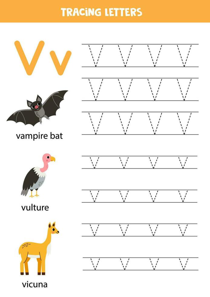 Tracing alphabet letters for kids. Animal alphabet. Letter v is for vampire bat vicuna vulture. vector