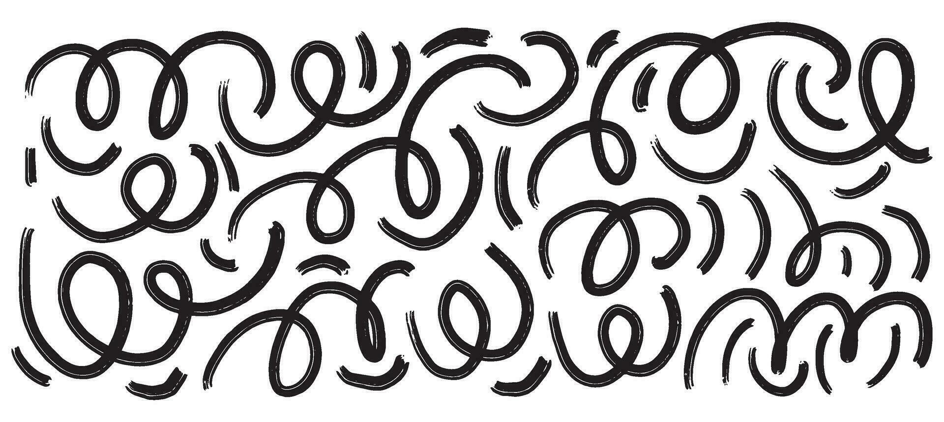 Hand drawn pencil lines and squiggles set. Vector charcoal smears, striketrhoughs and swirls. Doodle style sketchy lines. Horizontal wavy strokes collection. Scratchy strokes with rough edges.