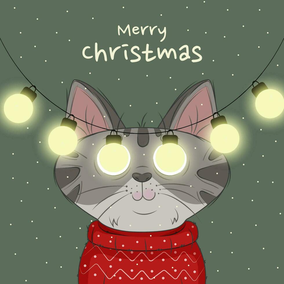 Cute cat in a red sweater with lights garland. vector