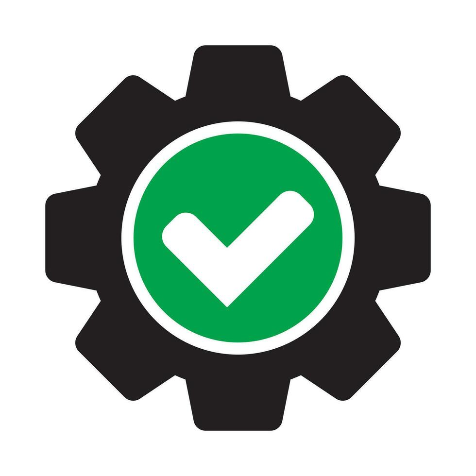 Check mark with gear icon, cog with check icon. vector