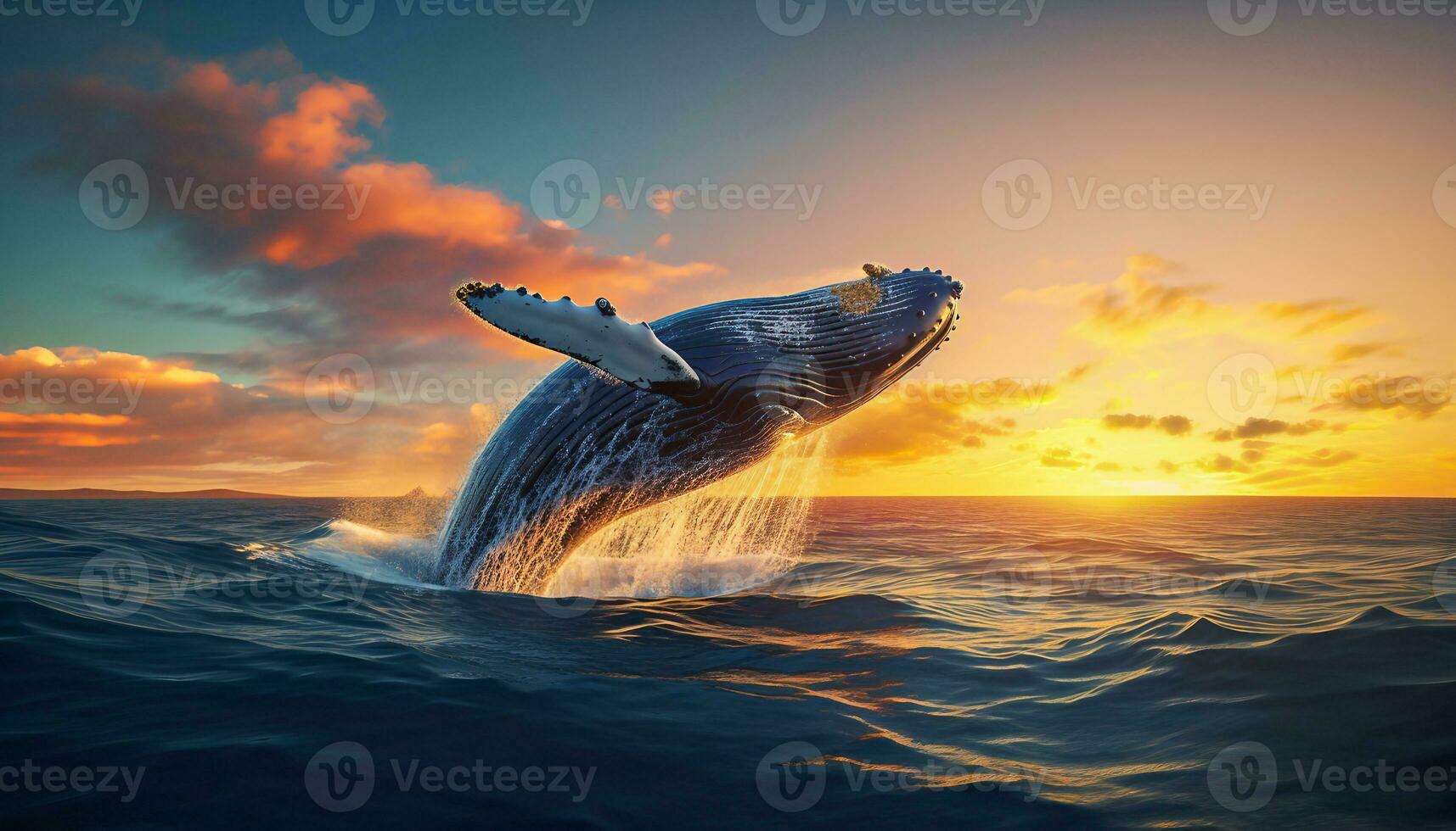 humpback whale jumping out of the water at sunset, The whale is spraying water and ready to fall on its back photo