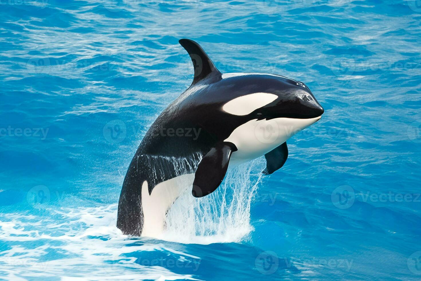 killer whale  jumping out of the water over the blue sea surface close up photo