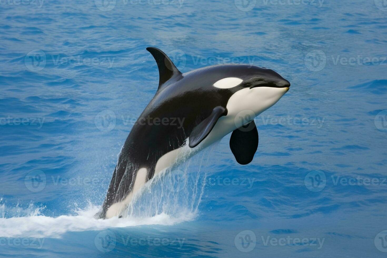 killer whale  jumping out of the water over the blue sea surface close up photo