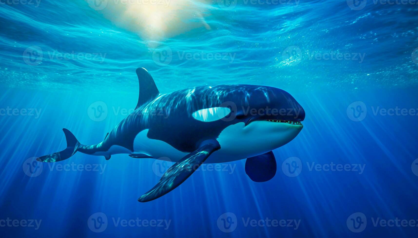 killer whale orcinus orca underwater close up looking for prey exposed to sunlight photo