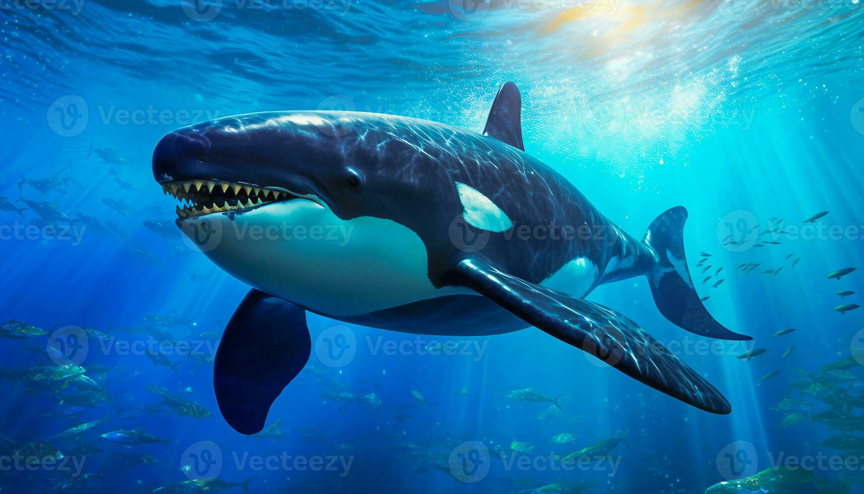 killer whale orcinus orca underwater close up looking for prey exposed to sunlight photo