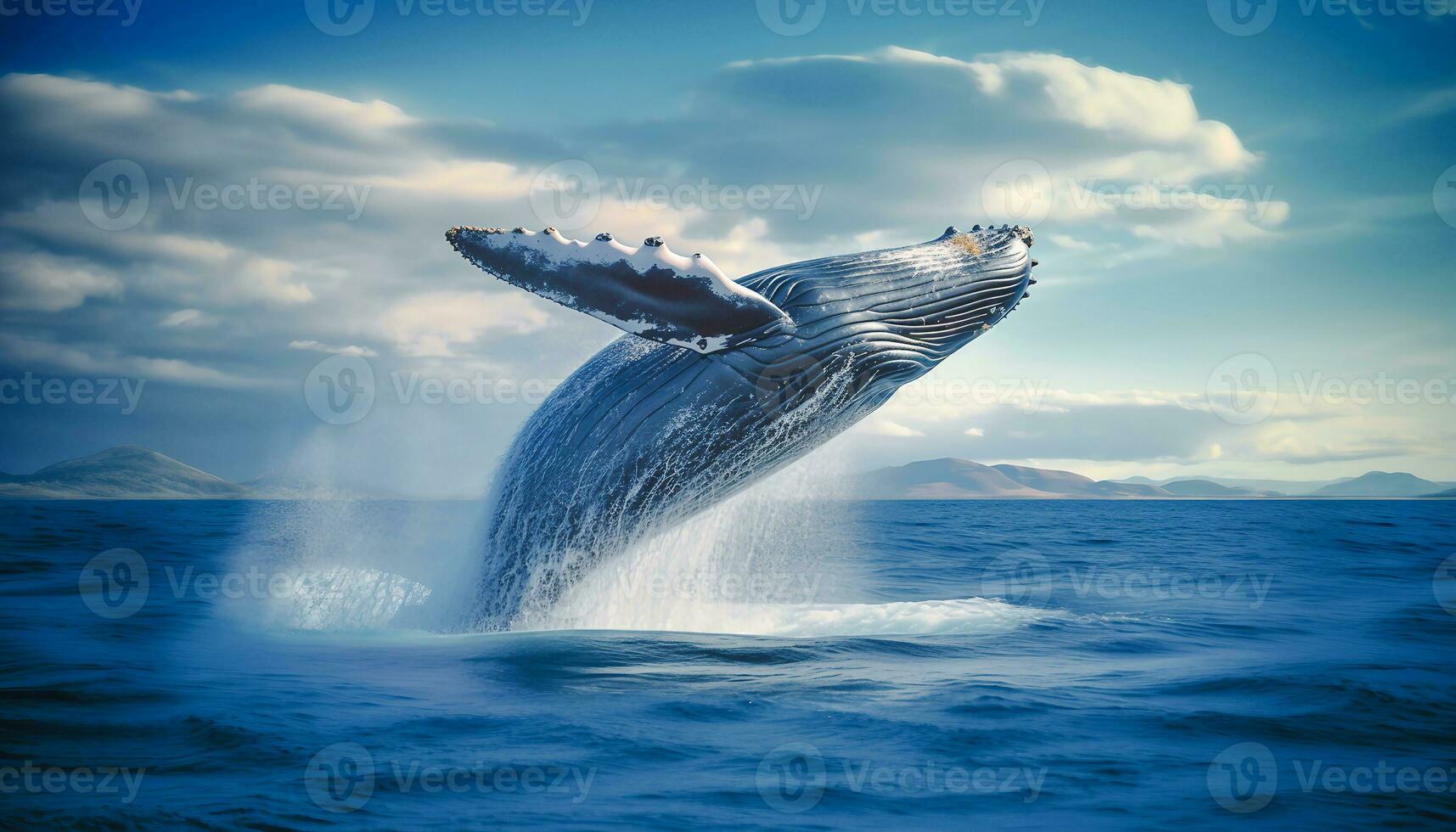 humpback whale jumping out of the water at sunset, The whale is spraying water and ready to fall on its back photo