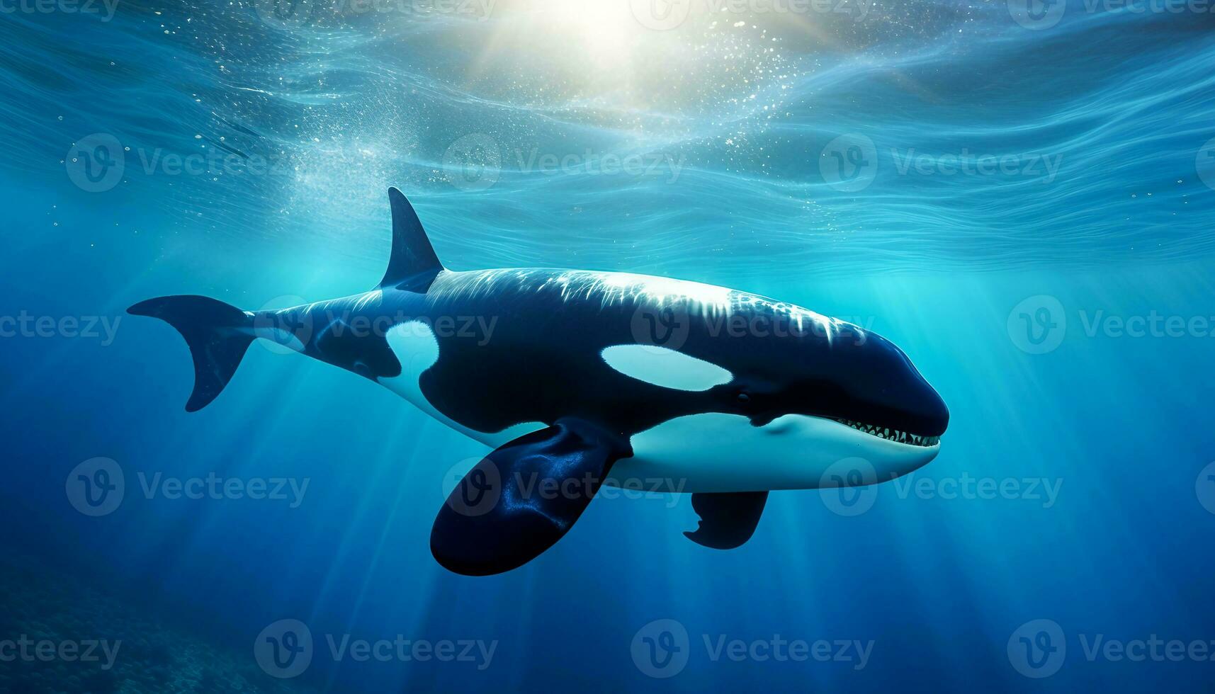 killer whale orcinus orca underwater close up looking for prey exposed to sunlight photo