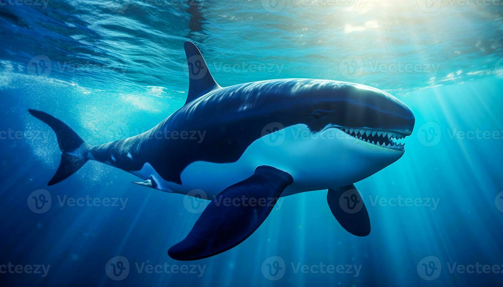 killer whale orcinus orca underwater close up looking for prey exposed to sunlight photo