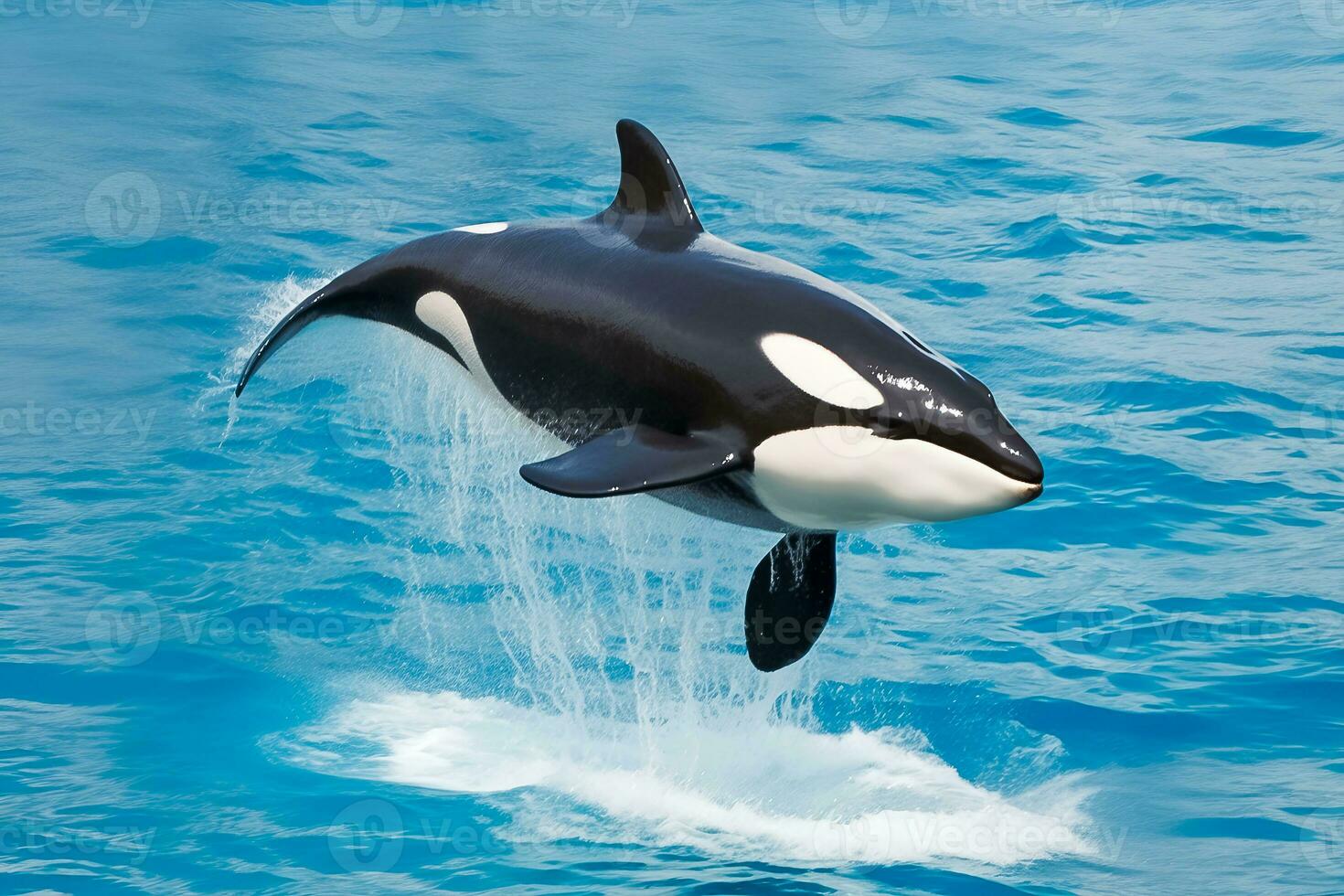 killer whale  jumping out of the water over the blue sea surface close up photo