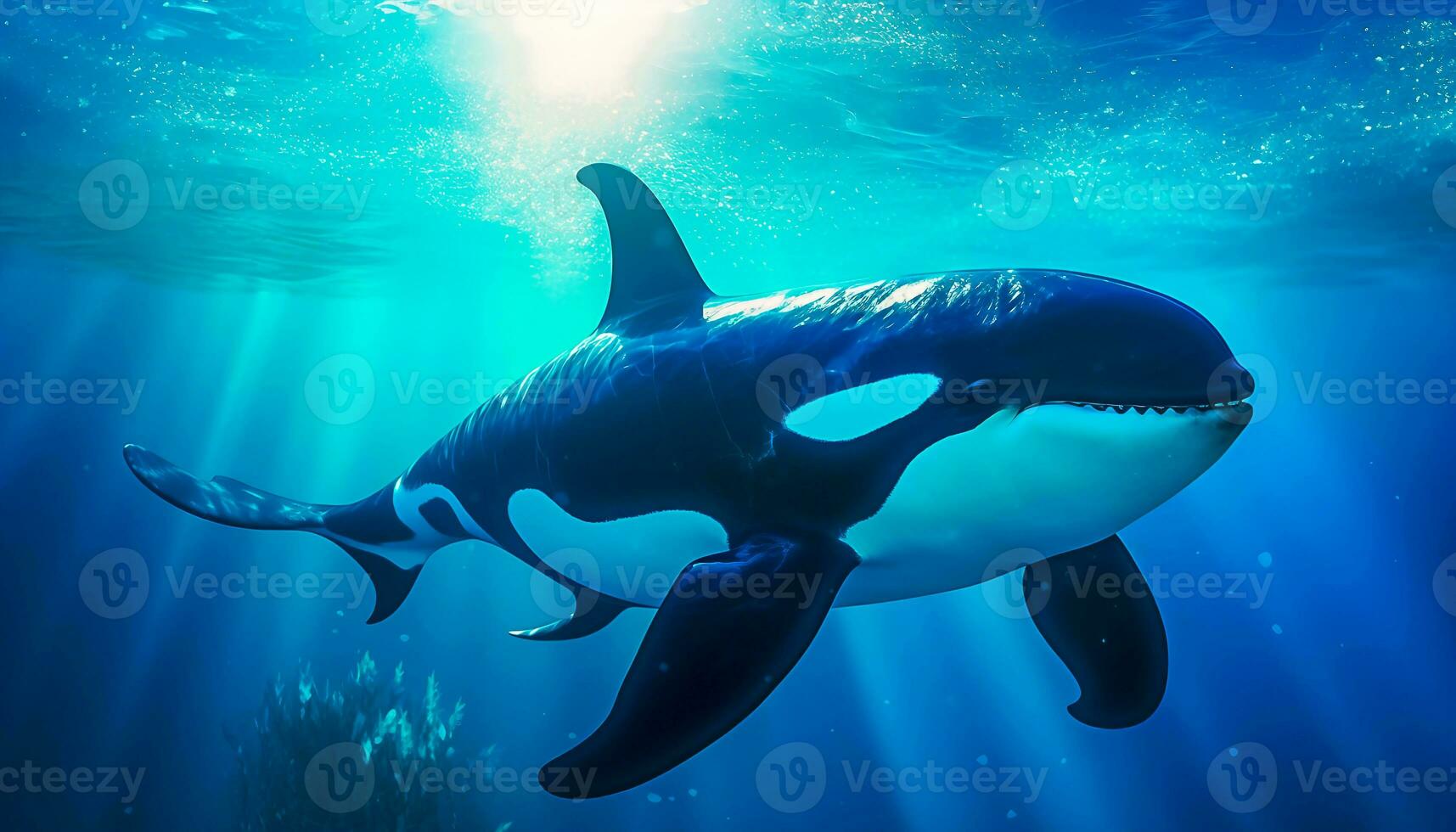 killer whale orcinus orca underwater close up looking for prey exposed to sunlight photo