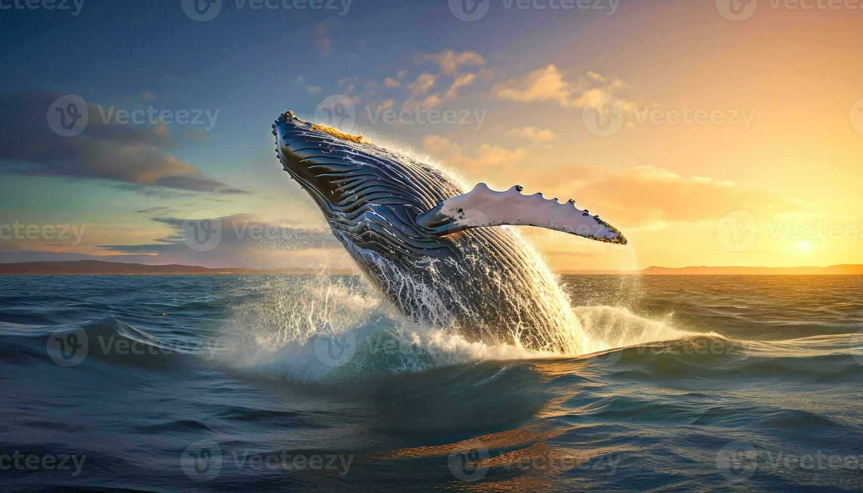 humpback whale jumping out of the water at sunset, The whale is spraying water and ready to fall on its back photo