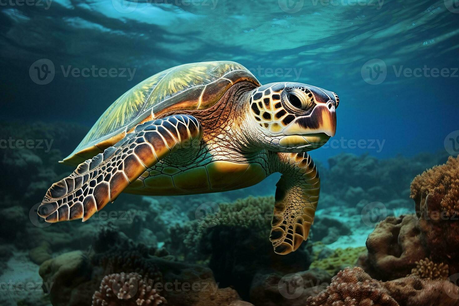 verde mar Tortuga nadando cerca hermosa coral arrecife, debajo agua mar tortugas cerca arriba foto