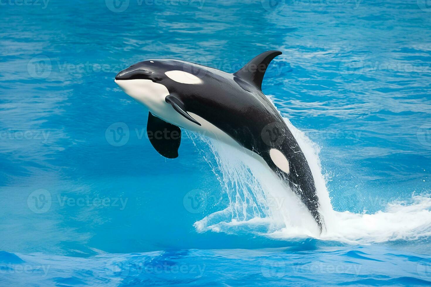 killer whale  jumping out of the water over the blue sea surface close up photo