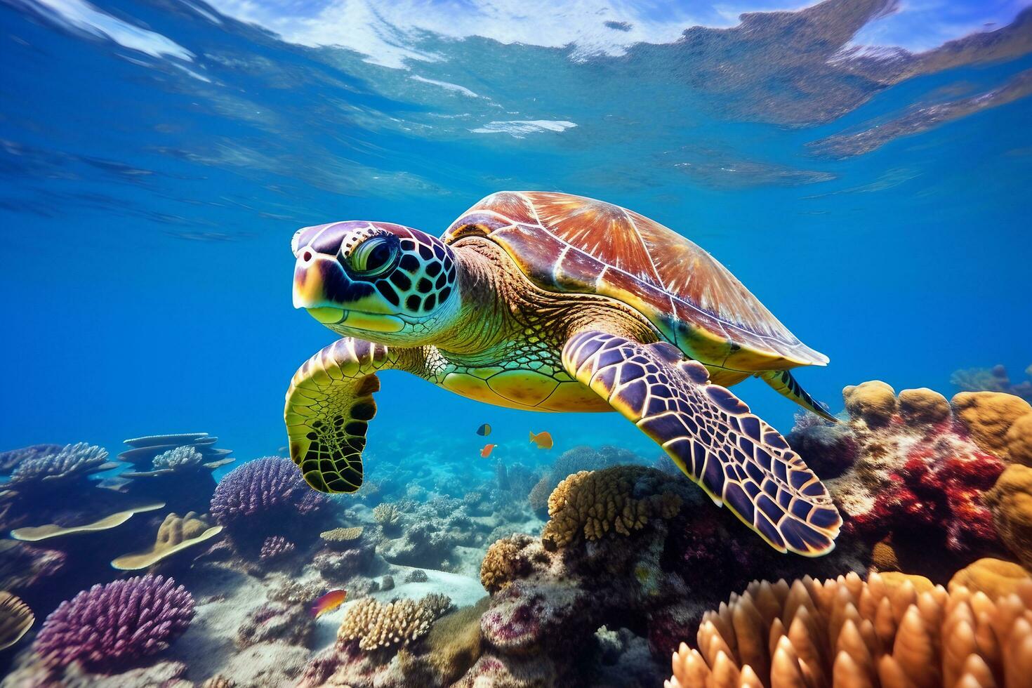 green sea turtle swimming near beautiful coral reef, under water sea turtles close up photo