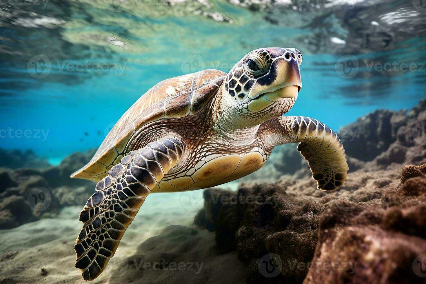 verde mar Tortuga nadando cerca hermosa coral arrecife, debajo agua mar tortugas cerca arriba foto