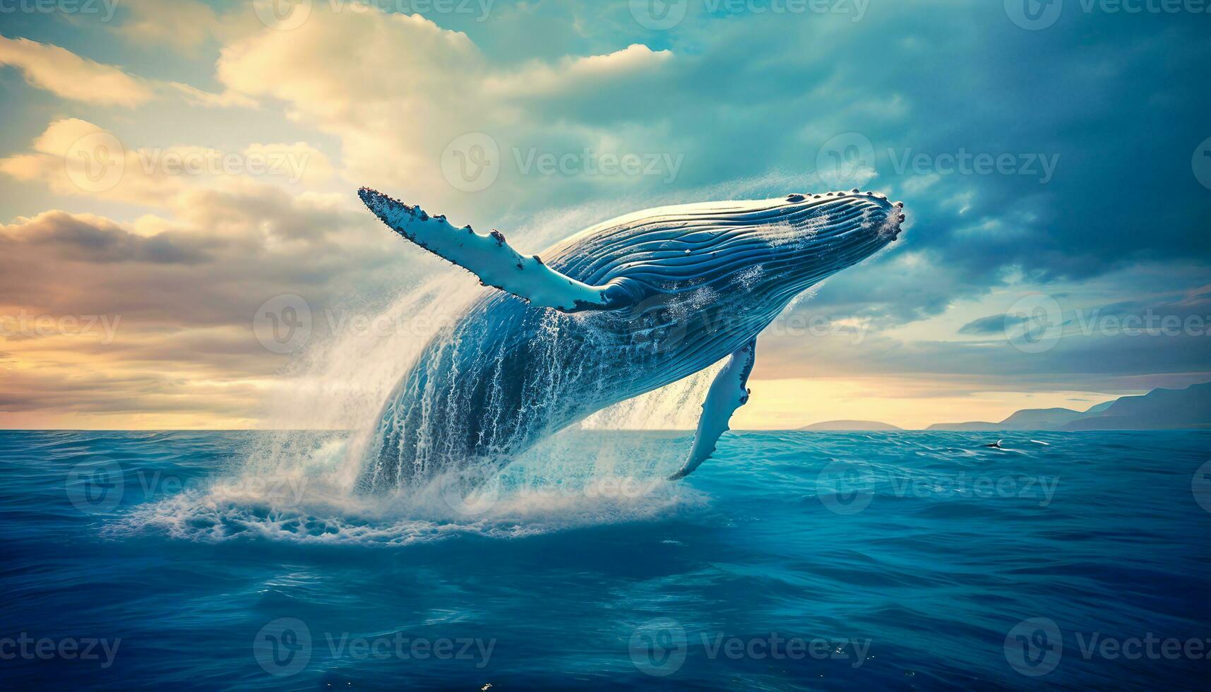 humpback whale jumping out of the water at sunset, The whale is spraying water and ready to fall on its back photo