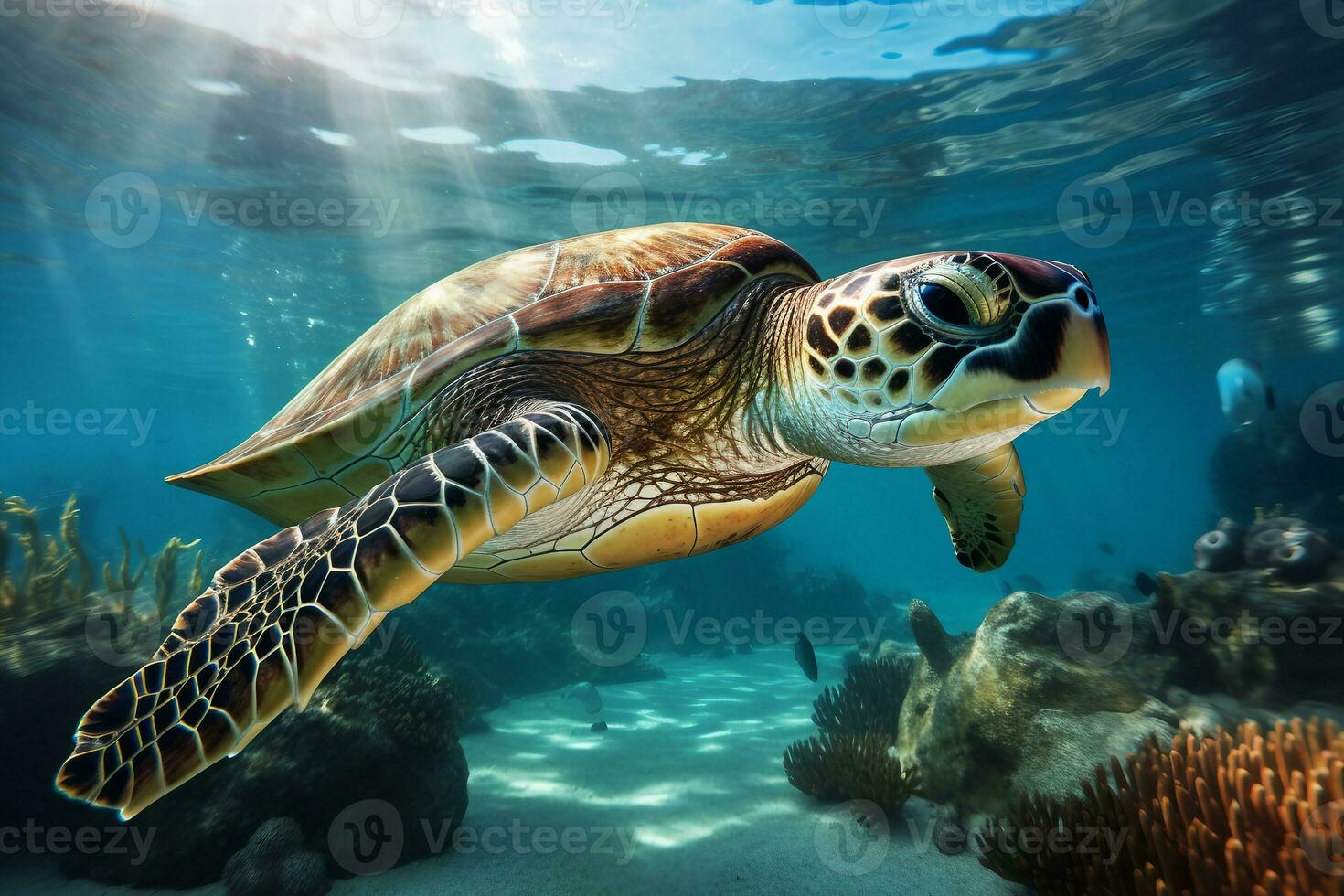 verde mar Tortuga nadando cerca hermosa coral arrecife, debajo agua mar tortugas cerca arriba foto