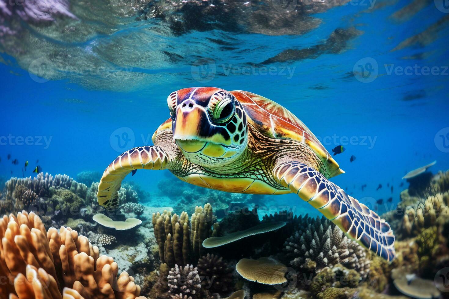 verde mar Tortuga nadando cerca hermosa coral arrecife, debajo agua mar tortugas cerca arriba foto