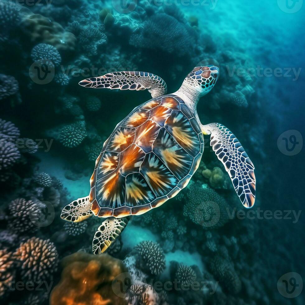 verde mar Tortuga nadando cerca hermosa coral arrecife, debajo agua mar tortugas cerca arriba foto