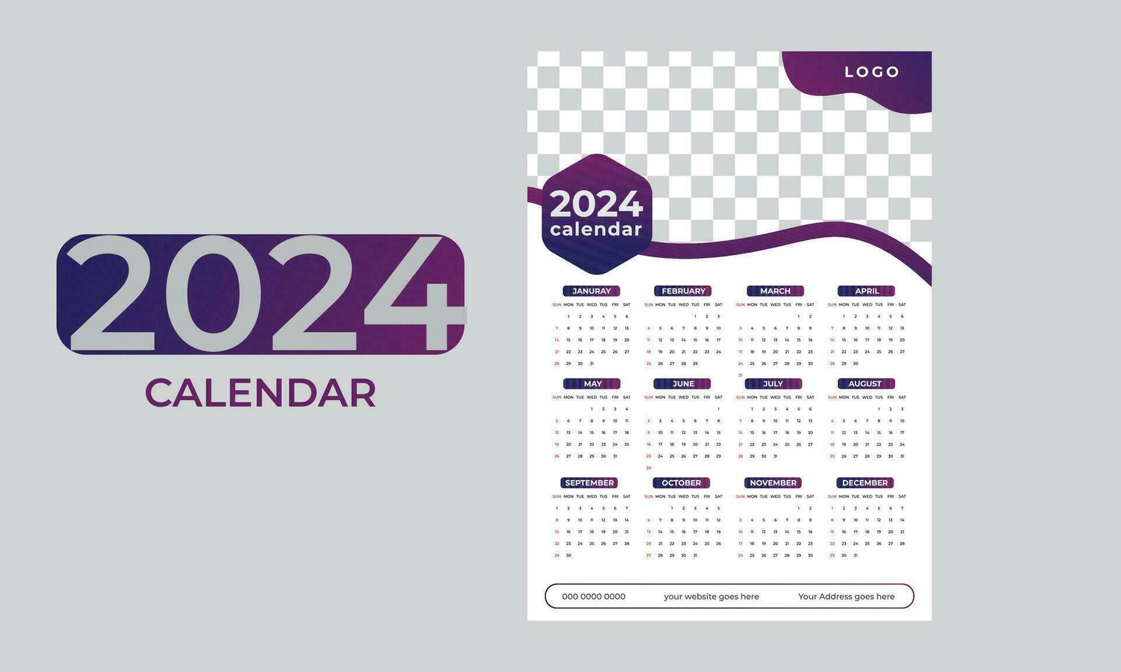 One page new year 2024 wall calendar template Vector Free Vector