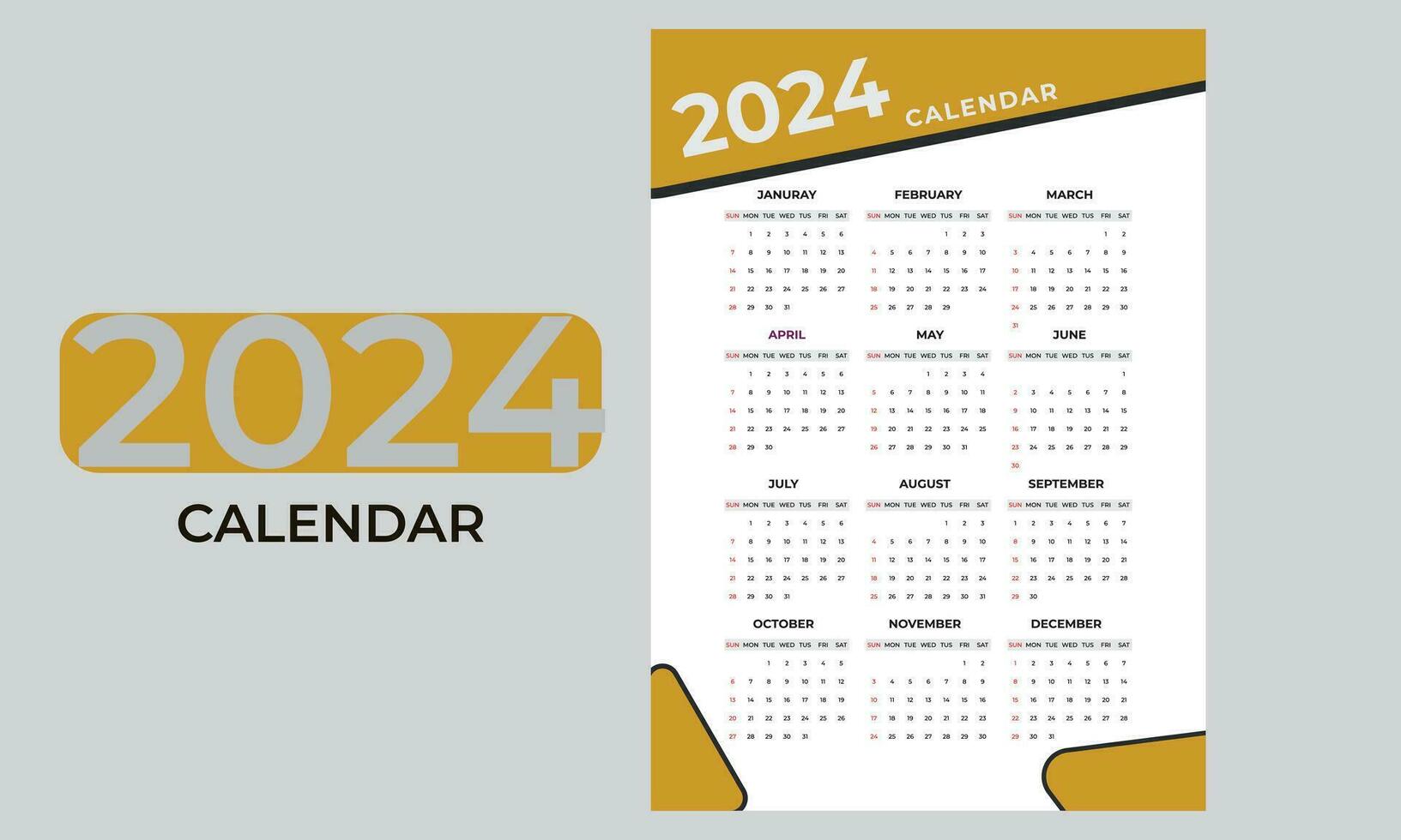 One page new year 2024 wall calendar template   Free Vector