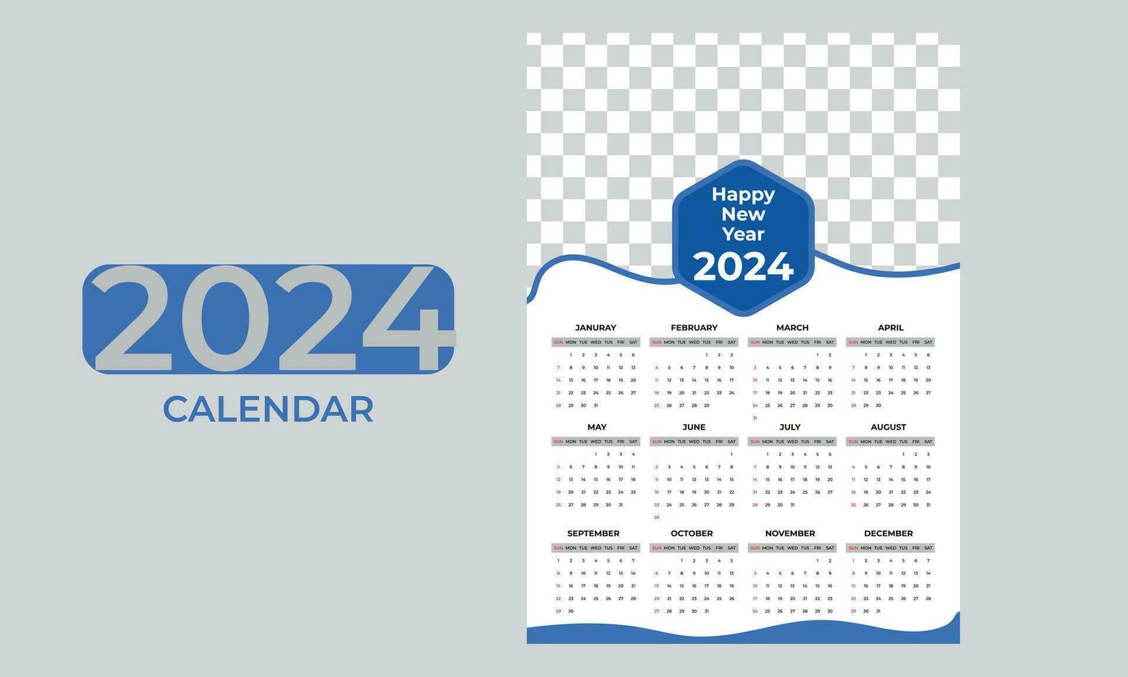 calendar year 2024, Sunday starts on Sunday. Simple calendar layout. Desk planner template with 12 months. Annual diary. Vector illustration  Free Vector