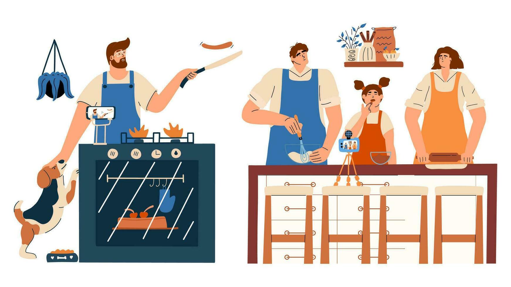 People is making a video for a food blog. A man cooks pancakes at the stove and pets a dog. Family spending time together in the kitchen. Vector illustration