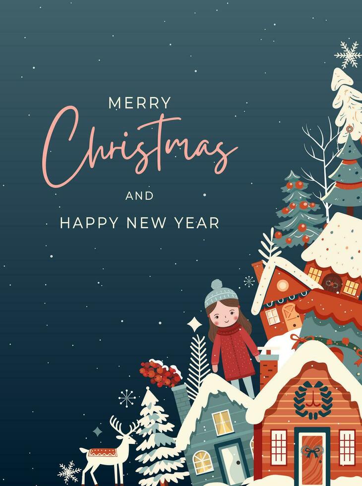 Christmas and New Year design. Christmas frame, poster, banner. Winter ornament card with scandi houses, trees, girl. vector